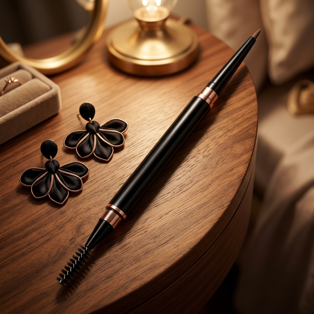 Eyebrow pencil styled for an evening routine.
