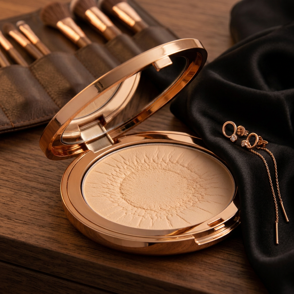 Rose-gold-tone compact styled for an evening beauty ritual.