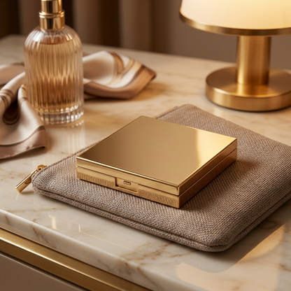 Closed gold-tone compact in a travel-inspired setting.