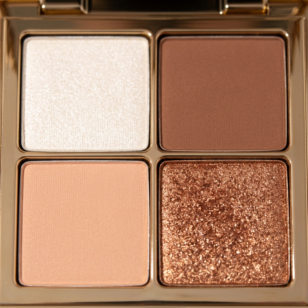 Close-up of champagne peach brown and copper-bronze pans.