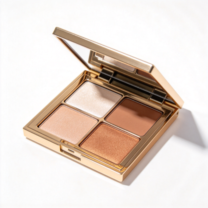 Original reference photograph of a gold-tone four-pan mirrored makeup palette.