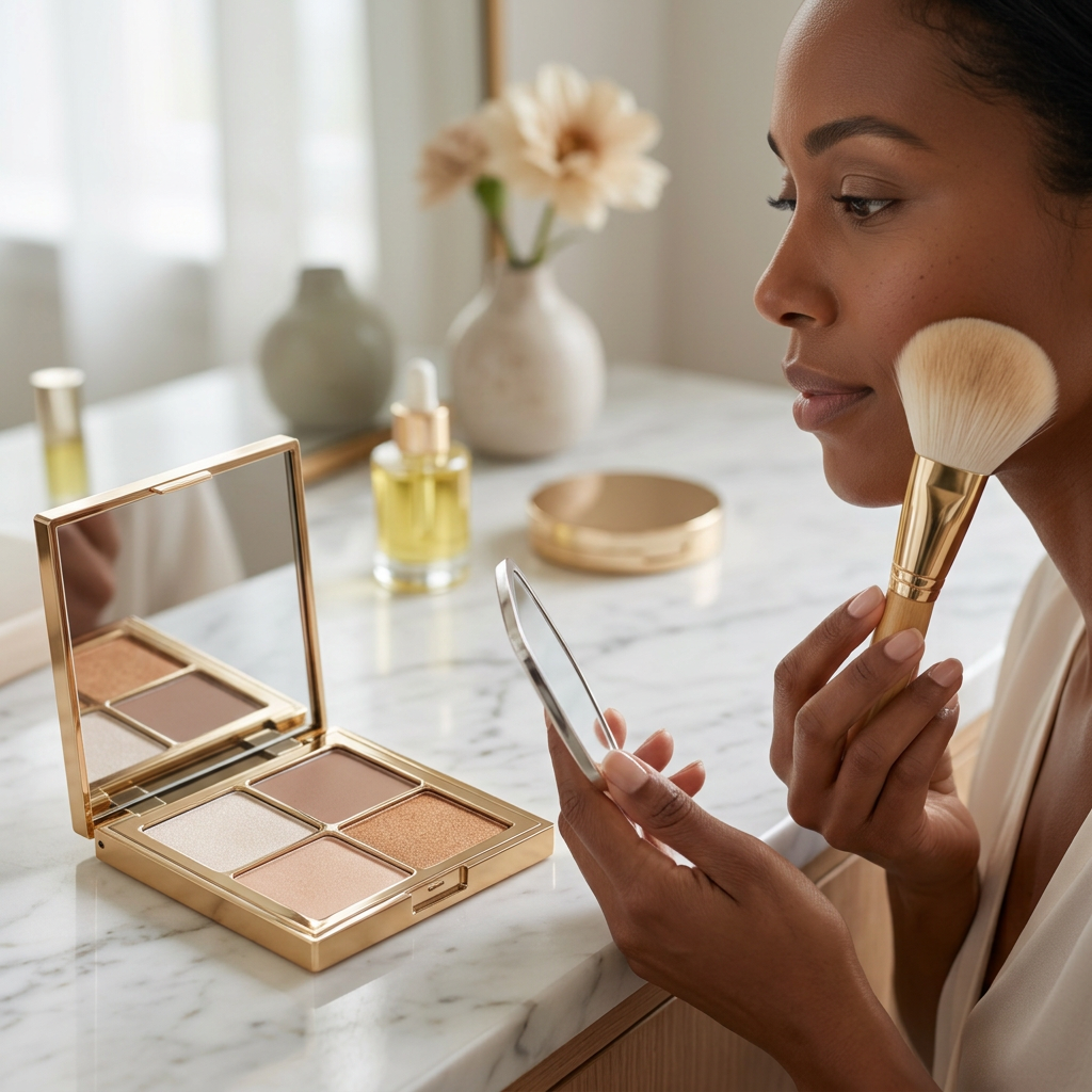 Illustrative beauty routine with a mirrored four-pan makeup palette.