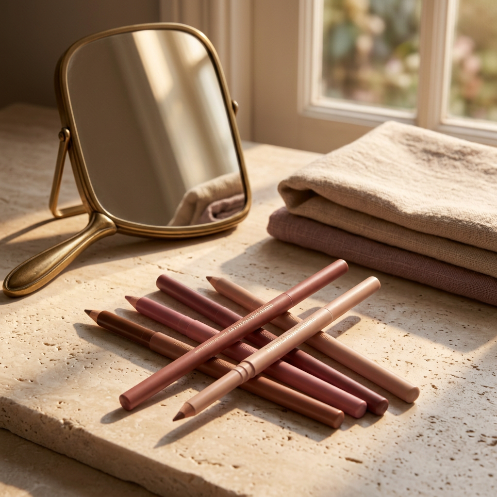 Lip pencils styled on a morning vanity.