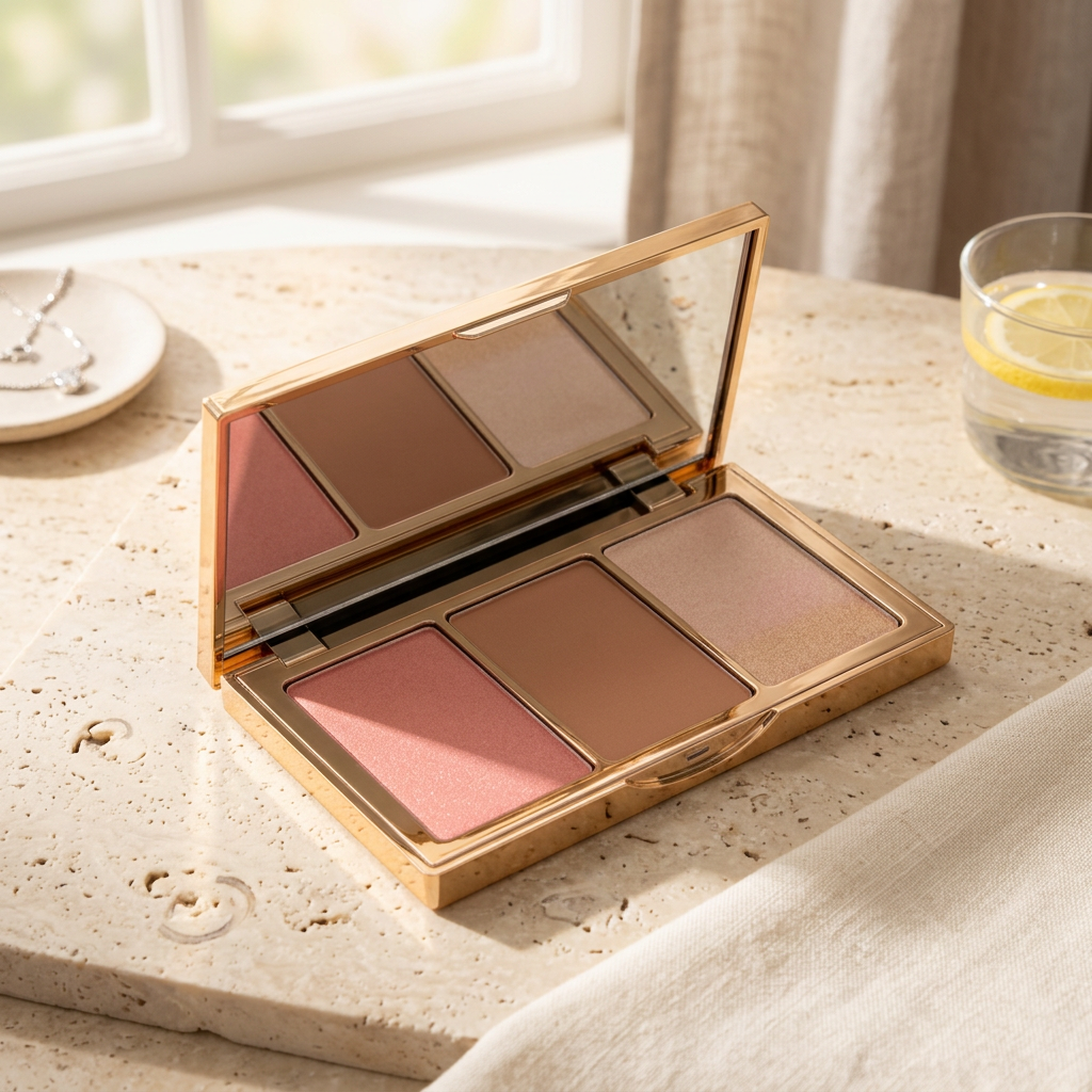 Three-color palette on a morning vanity.