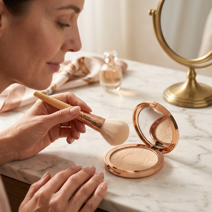 Illustrative beauty routine featuring a mirrored powder compact.