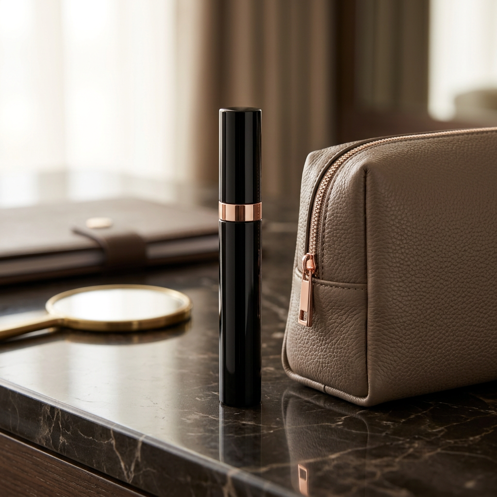 Capped mascara tube beside a makeup pouch in a travel-inspired setting.