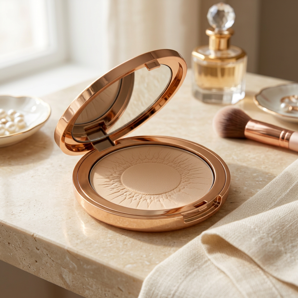 Pressed powder compact styled on a morning vanity.