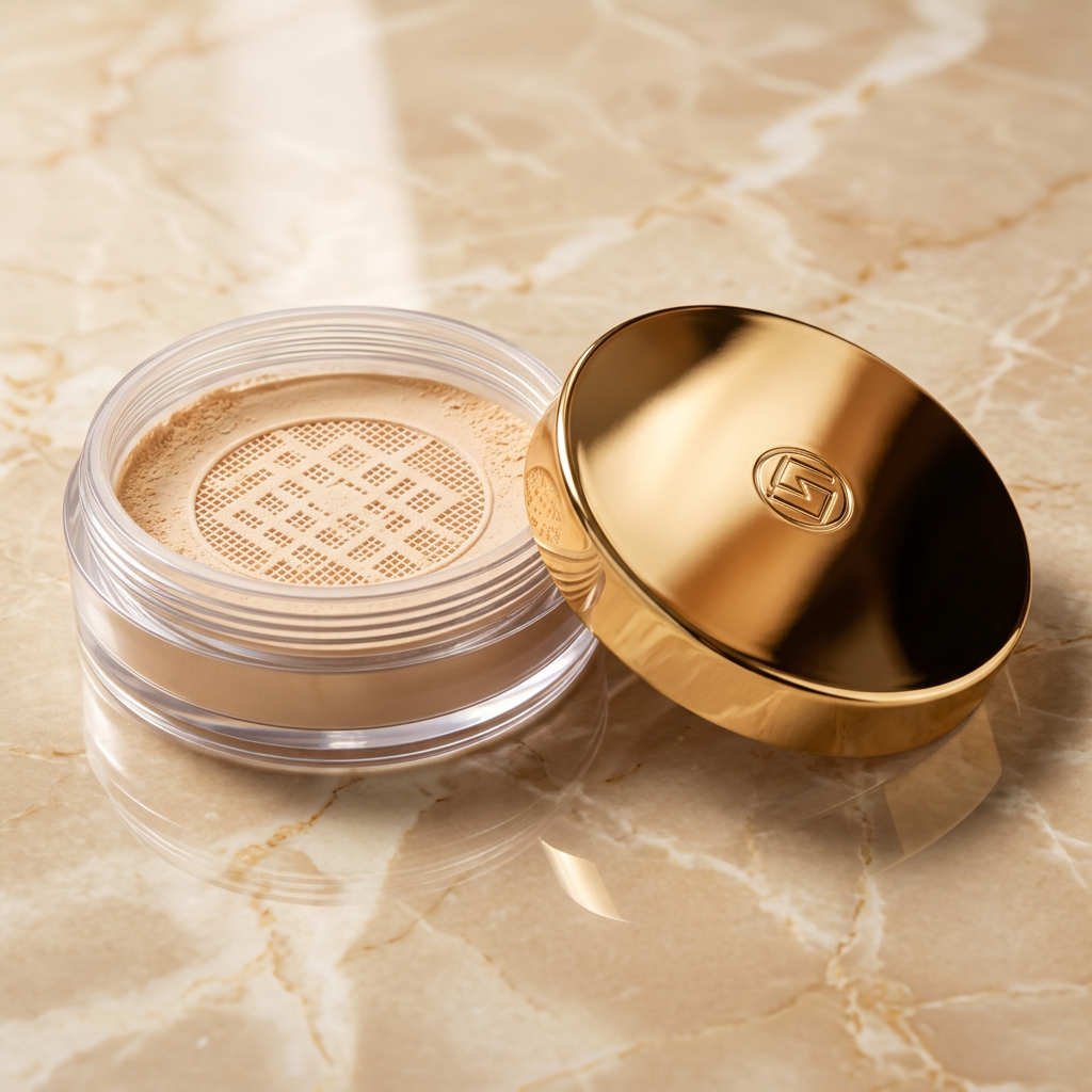 Clear powder jar and reflective gold-tone lid details.