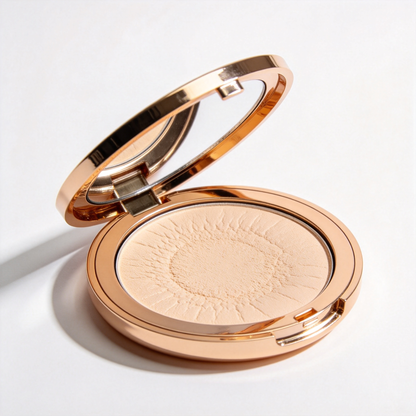 Original reference image of a mirrored round compact with beige pressed powder.