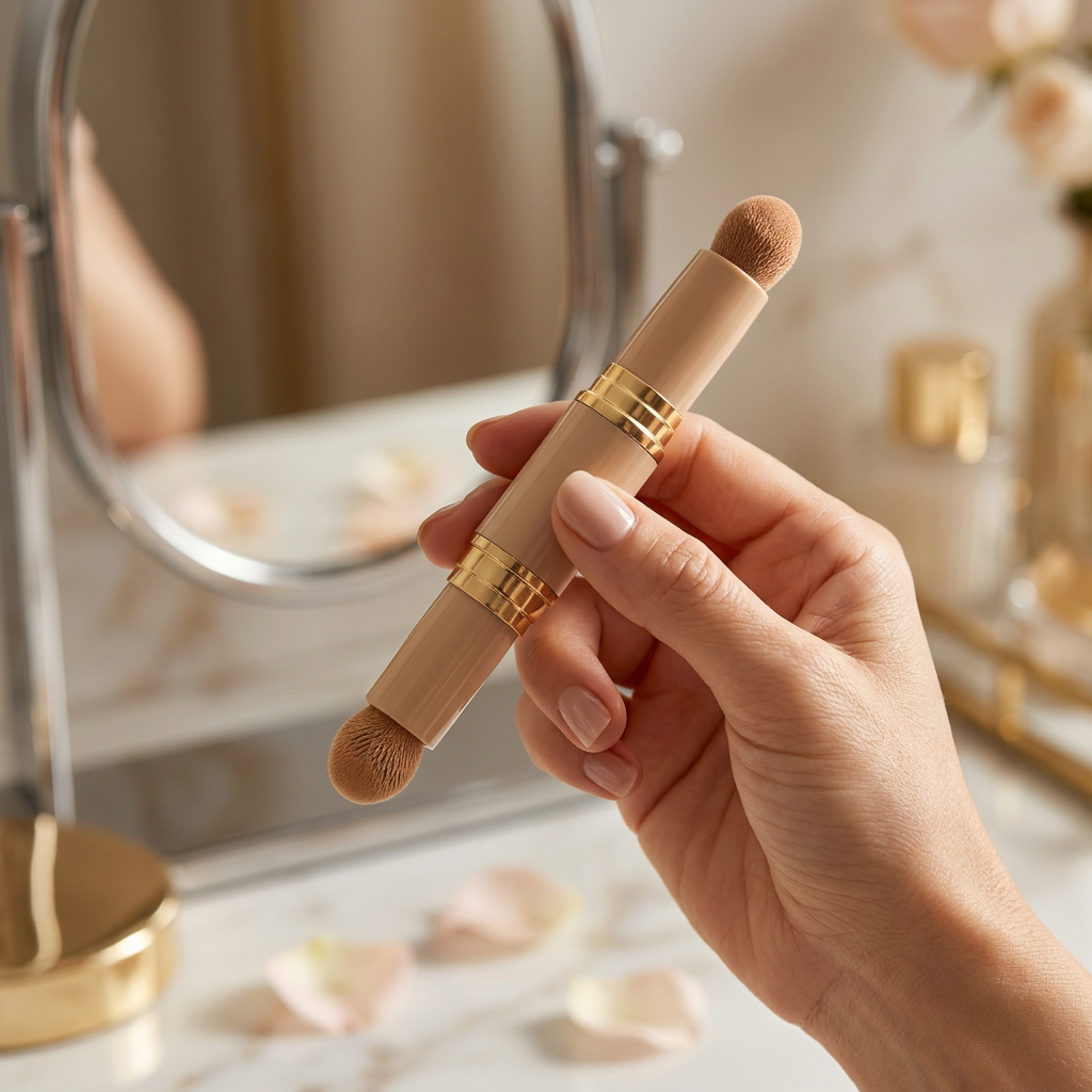Handheld makeup applicator in a beauty setting.
